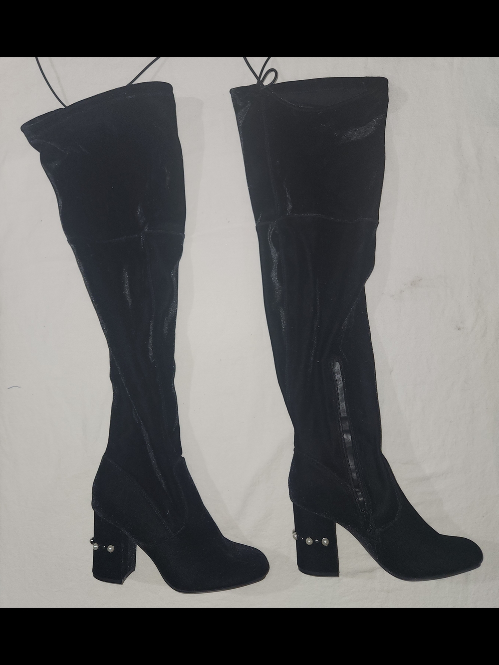 Justfabolous Black Over-the-Knee Boots With Pearl Accents On The Heels Size 7.5